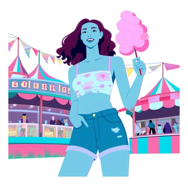 A young woman with medium skin and wavy brown hair is wearing denim shorts and a light, colorful top with floral patterns. She is standing in an outdoor country fair setting, surrounded by vibrant carnival booths and decorations. In one hand, she holds a large stick of fluffy pink cotton candy. She has a joyful expression on her face, reflecting the excitement of the fair. In the background, colorful banners flutter in the breeze, and there are people enjoying various rides and games.