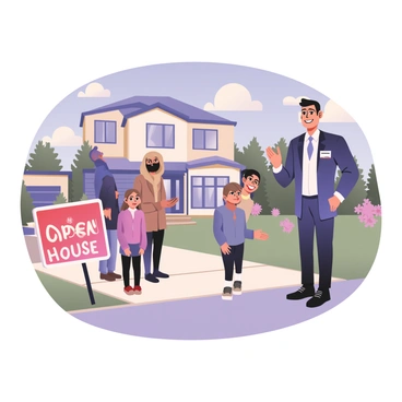 A digital flat illustration depicting a sunny open house event. In the foreground, a friendly real estate agent with light skin and short dark hair stands at the entrance, smiling and gesturing welcomingly. The agent is wearing a navy suit with a white shirt and a name tag. To the left of the agent, there is a bright red "Open House" sign with white letters. In the background, a modern two-story house with large windows and a well-kept lawn is visible, surrounded by blooming flowers in various colors. Several visitors, including a family with two children, are approaching the entrance, looking curious and engaged. A clear blue sky with a few fluffy white clouds completes the scene.