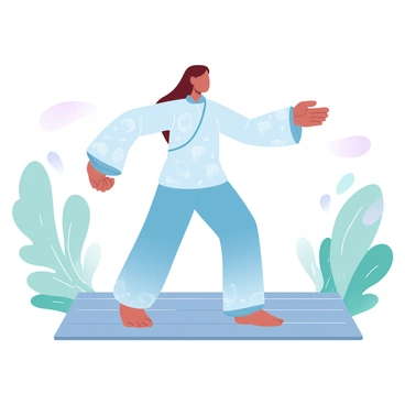 A person dressed in traditional Chinese clothing is practicing tai chi on a wooden deck. The clothing consists of a flowing, long-sleeved top and loose-fitting trousers, featuring intricate patterns and vibrant colors. The deck has wooden planks that reflect the natural texture of the wood. Surrounding the deck are lush green trees and foliage, adding to the tranquil atmosphere. The person is in a poised stance, with their arms extended gracefully, embodying the fluid movements of tai chi. Soft pastel colors create a gentle ambiance in the scene.
