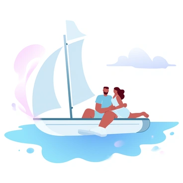 A man and a woman are sitting together on a sailboat, enjoying their adventure on the water. The man is wearing a light shirt and shorts, while the woman is dressed in a flowing sundress that billows in the wind. The sails of the boat are fully extended, catching the breeze as they glide across the ocean. In the background, the ocean is depicted in gradient pastel colors, with gentle waves and a blend of soft blue and pink tones. The sky above is filled with fluffy clouds that echo the pastel theme, creating a harmonious atmosphere. A distant horizon showcases a faint outline of land, adding depth to the scene.