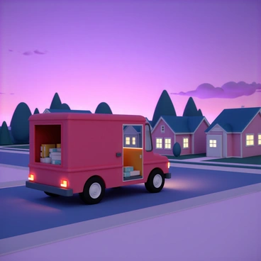 A mail truck, painted in bright red, pulls up to a mailbox at the end of a quiet suburban street. The truck's doors are open, revealing organized packages and letters inside. The sky above is a vibrant purple, transitioning into deep blue as dusk approaches. Soft shadows stretch across the street, and a few small houses line the road, their windows glowing with warm light. In the background, silhouettes of trees are outlined against the colorful sky, completing the scene of the day's end.