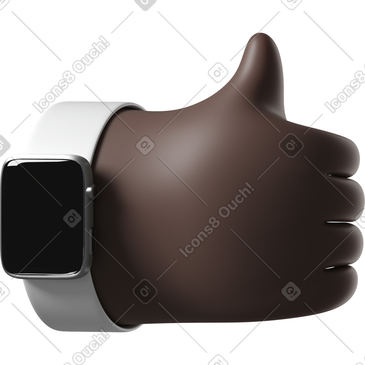 Ilustración Mano de piel negra con reloj inteligente apagado mostrando los pulgares hacia arriba en estilo 3D Hands Fun&Wild a descargar en PNG y SVG