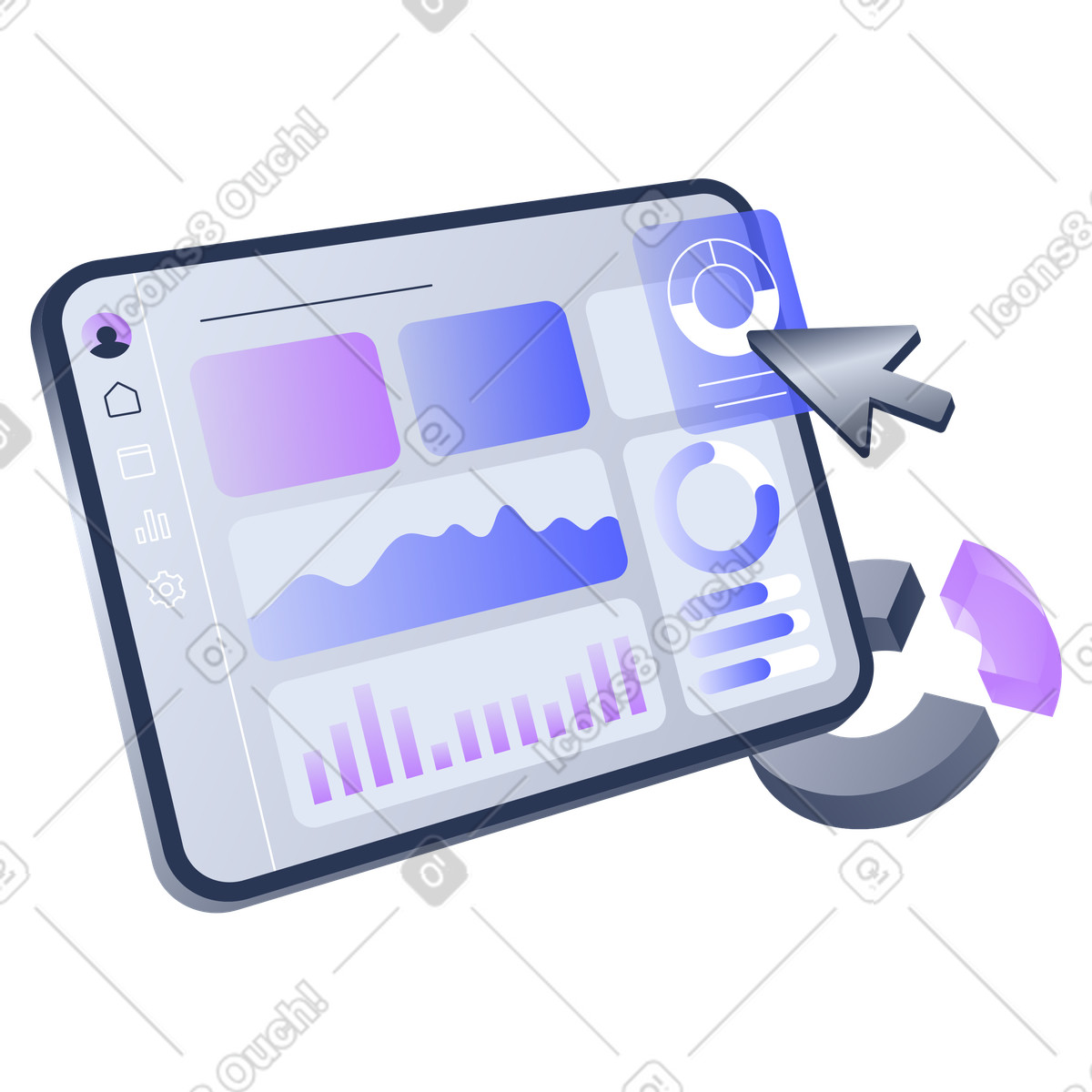 Interactive dashboard with charts and graphs, marketing analytics and reporting, business performance monitoring illustration in PNG, SVG