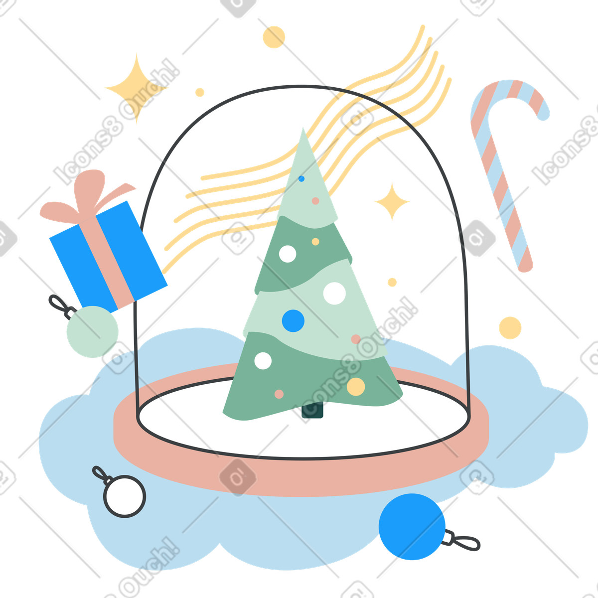 Ilustración Gift box and candy cane around Christmas snow globe, Winter holiday mood en estilo Kiddo a descargar en PNG y SVG