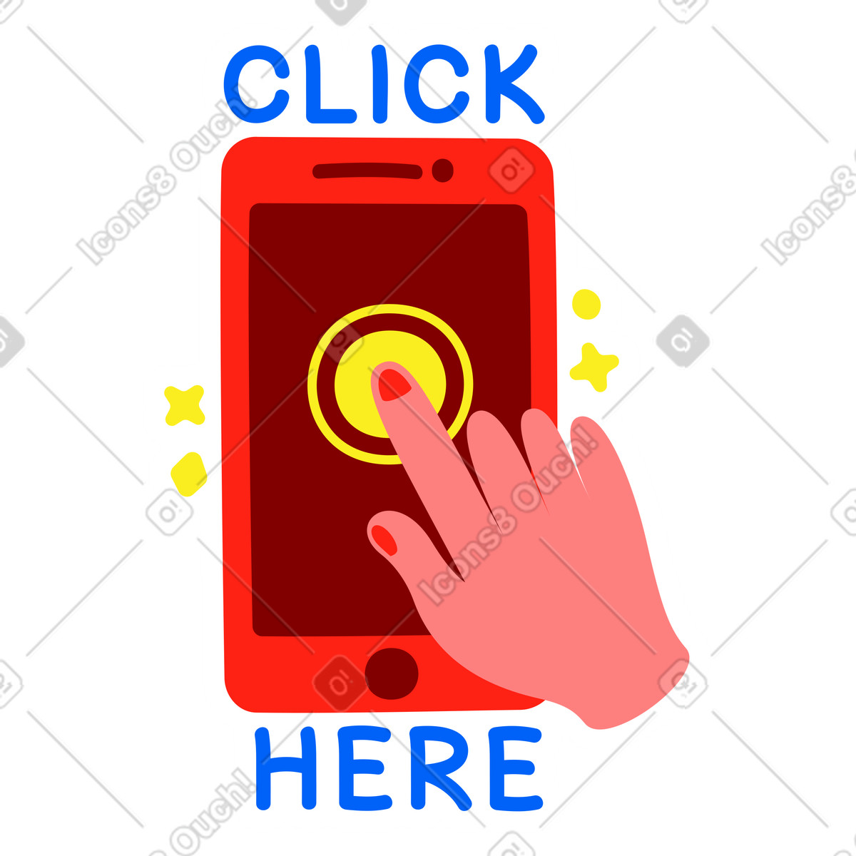 Lettering sticker click here phone and hand yellow red text illustration in style download in PNG, SVG