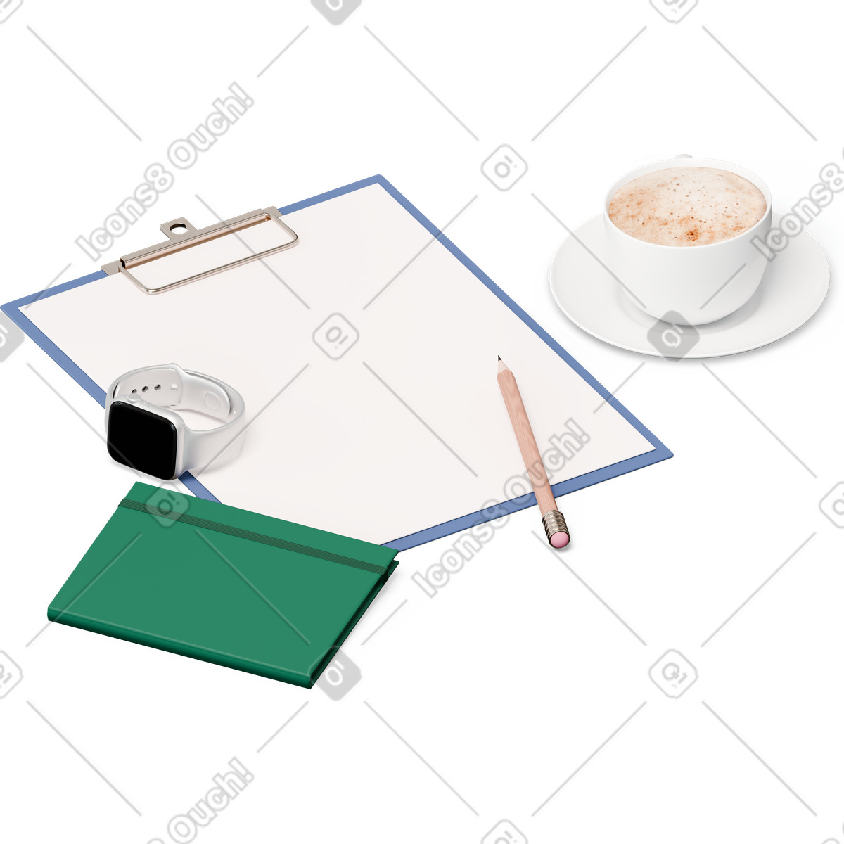 Vista isometrica di appunti, smartwatch, matita, tazza caffè illustrazione in stile 3D Hygge scarica in PNG, SVG