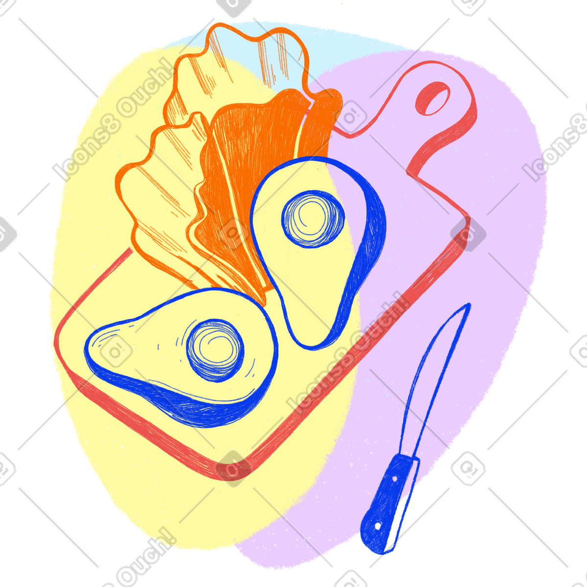 Cutting board with avocado and lettuce for a healthy breakfast illustration in Biro style download in PNG, SVG