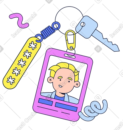 Porte-clés avec carte d'identité, mot de passe et clé, gestion des identités et des accès numériques, vérification d'identité pour un accès sécurisé PNG, SVG