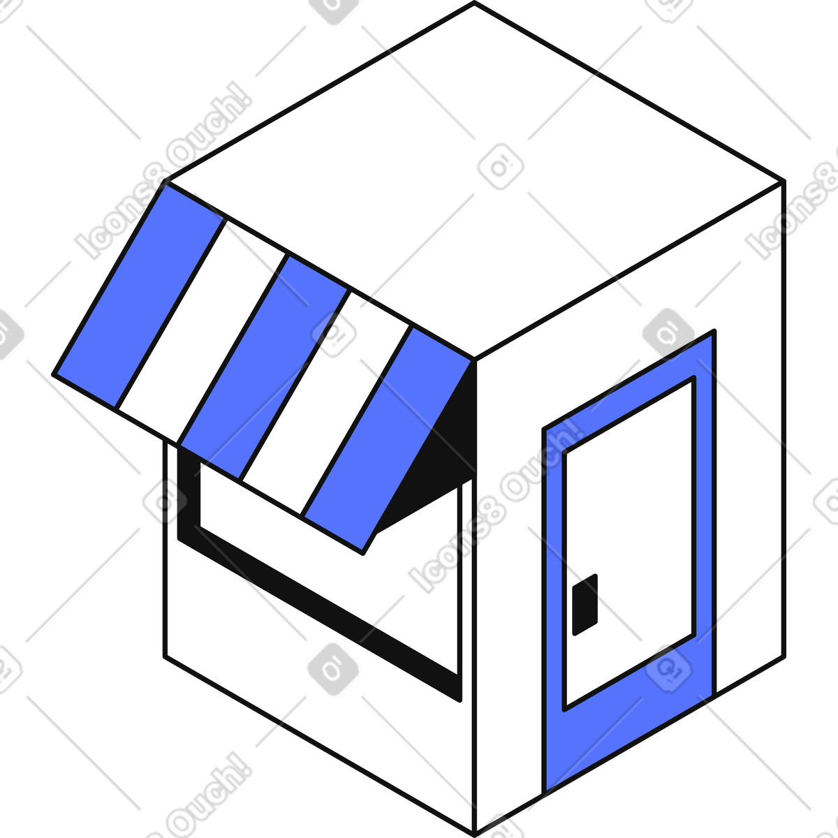 Illustration Shop building exterior with striped awning and closed front door dans le style Main à télécharger aux formats PNG, SVG