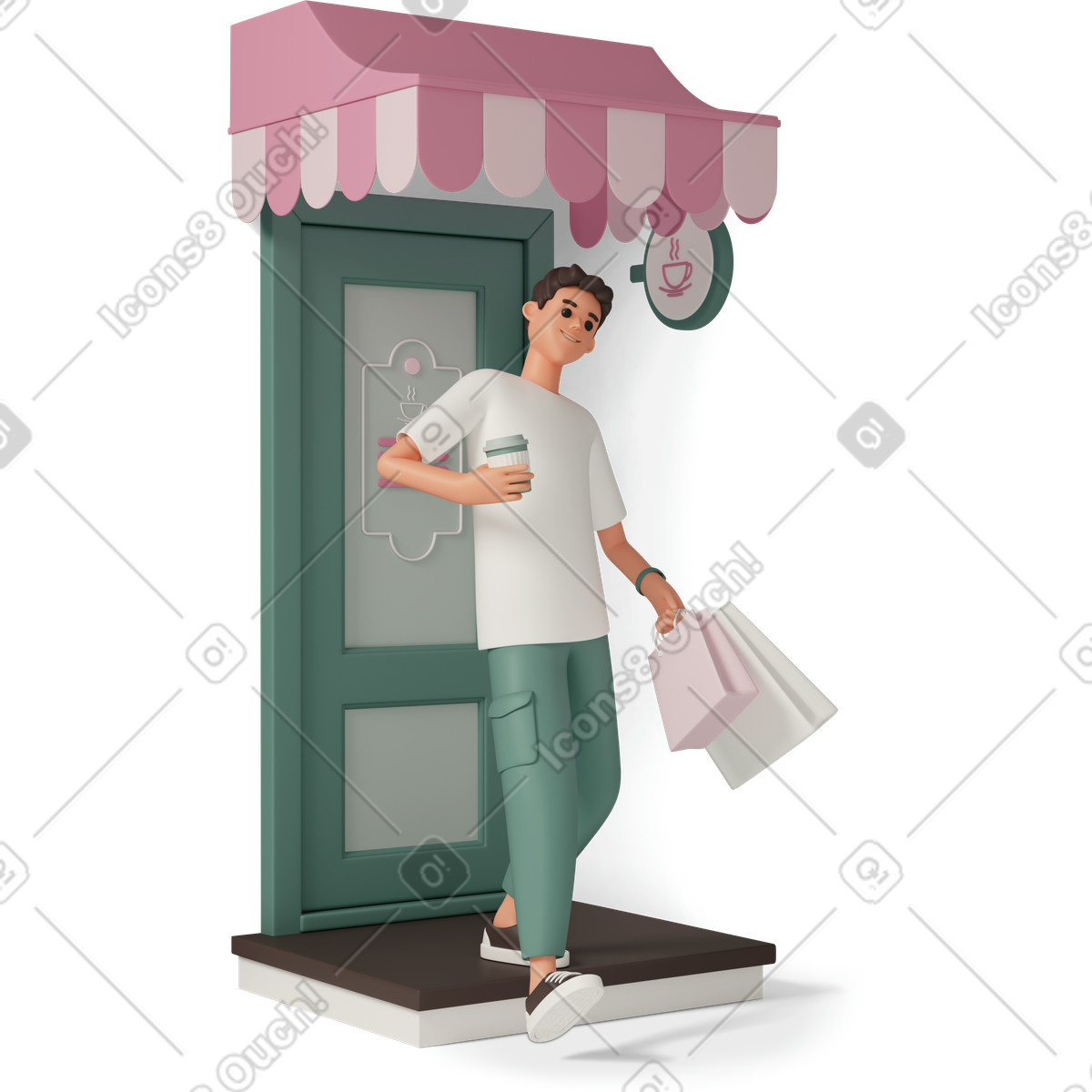 3D Casual life 스타일의 Coffee shop visitor with cup of in his hand 일러스트레이션 PNG, SVG 다운로드