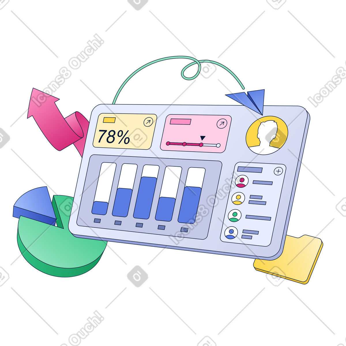Team performance dashboard with graphs and analytics widgets illustration in Neat style download in PNG, SVG