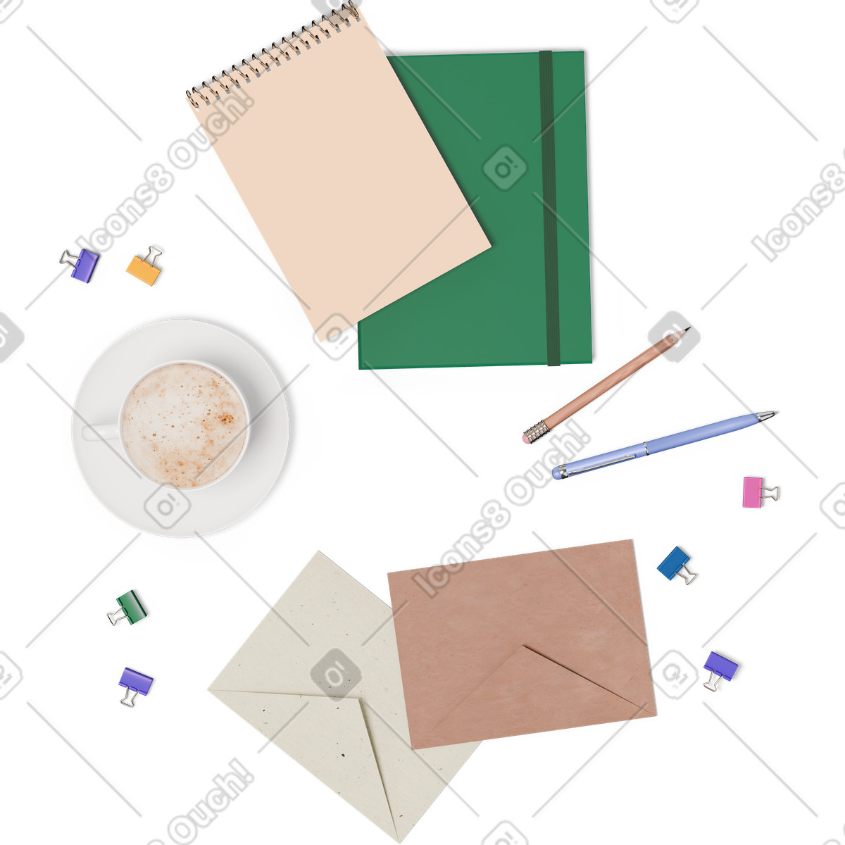下载 3D Hygge 风格的 信封、笔记本和咖啡的顶视图 插画，支持 PNG、SVG 格式