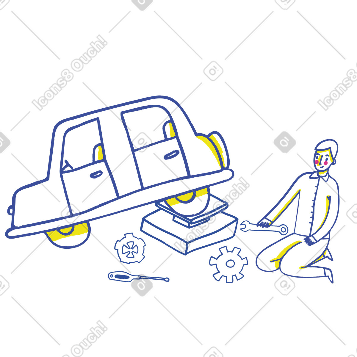 Meccanico che sostituisce la ruota di un'auto illustration in PNG, SVG