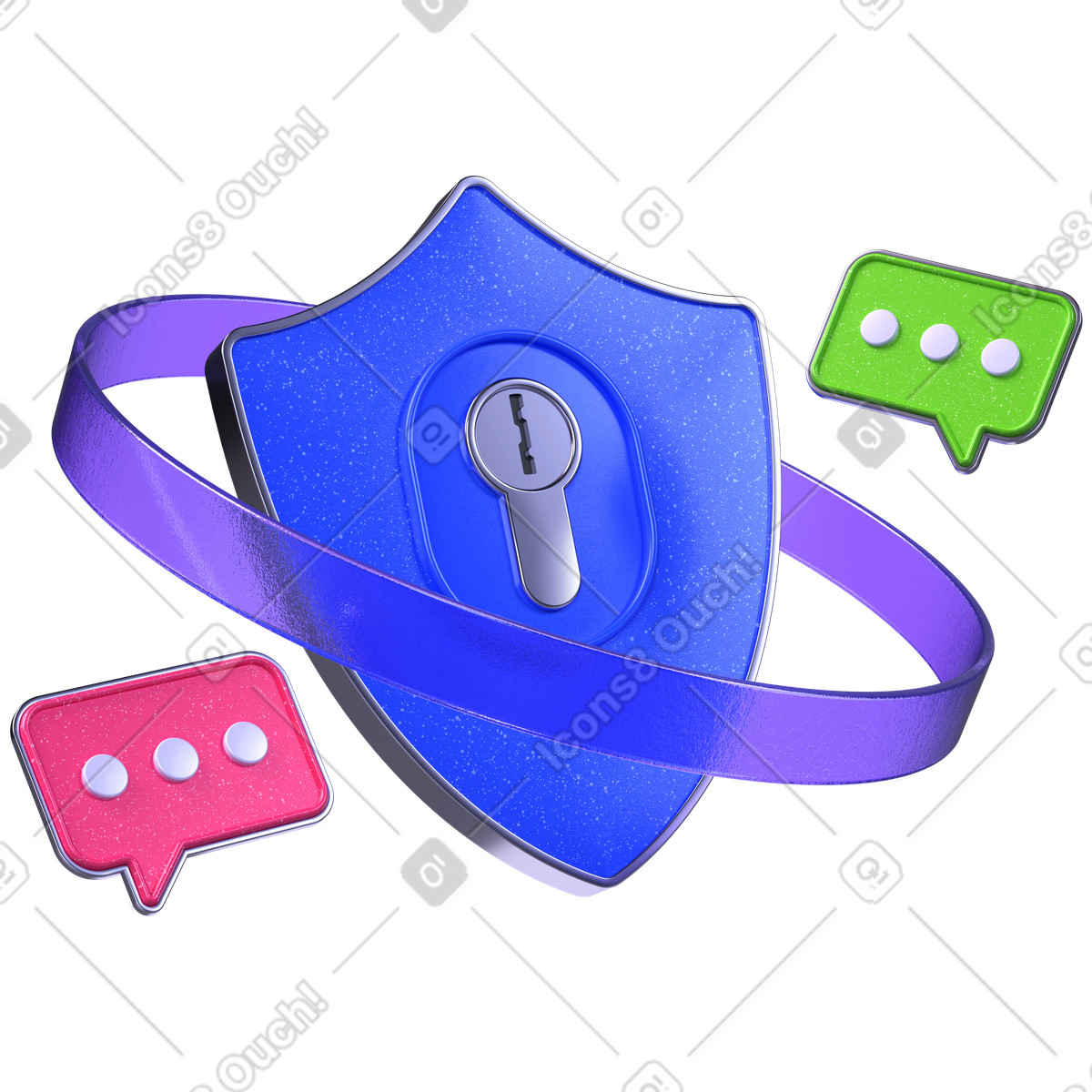 Ilustración Burbujas de chat protegidas por escudo privacidad, comunicación cifrada y seguridad en línea estilo 3D Boost a descargar PNG SVG