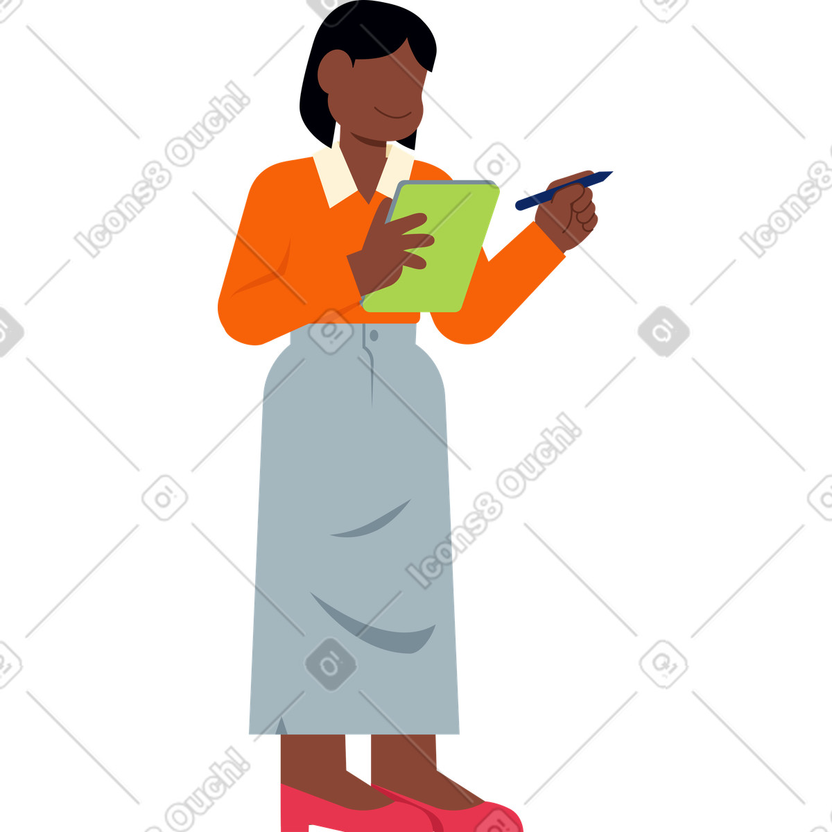 Woman using a tablet illustration, featuring working clipart images in various like PNG and SVG