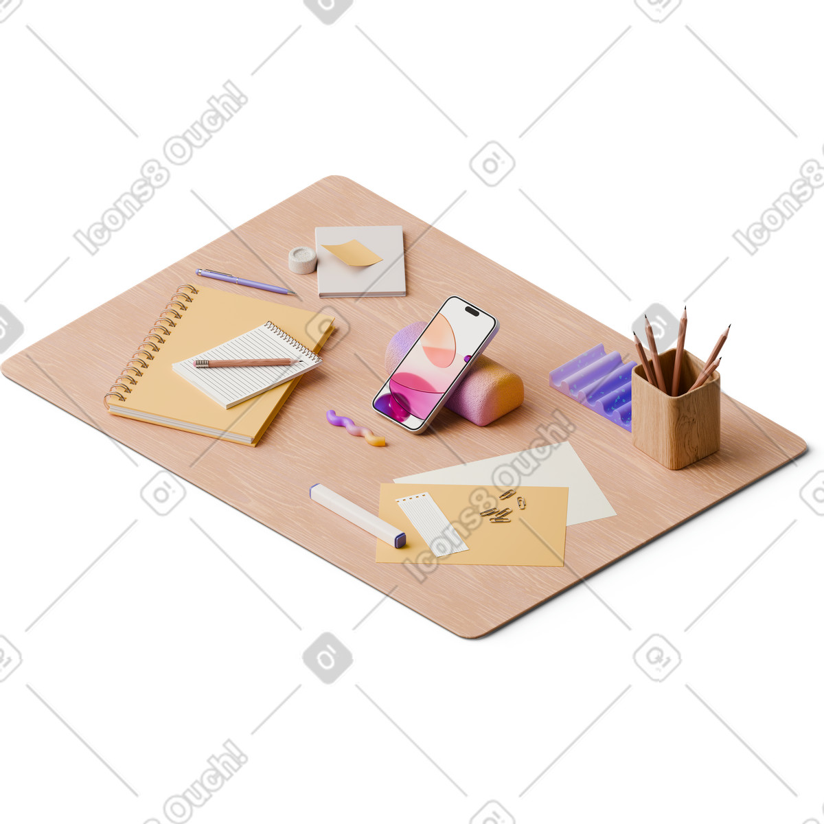 Isometrische ansicht des schreibtisches mit smartphone, notizbüchern und papieren-Illustration im 3D Hygge-Stil als Download in PNG, SVG