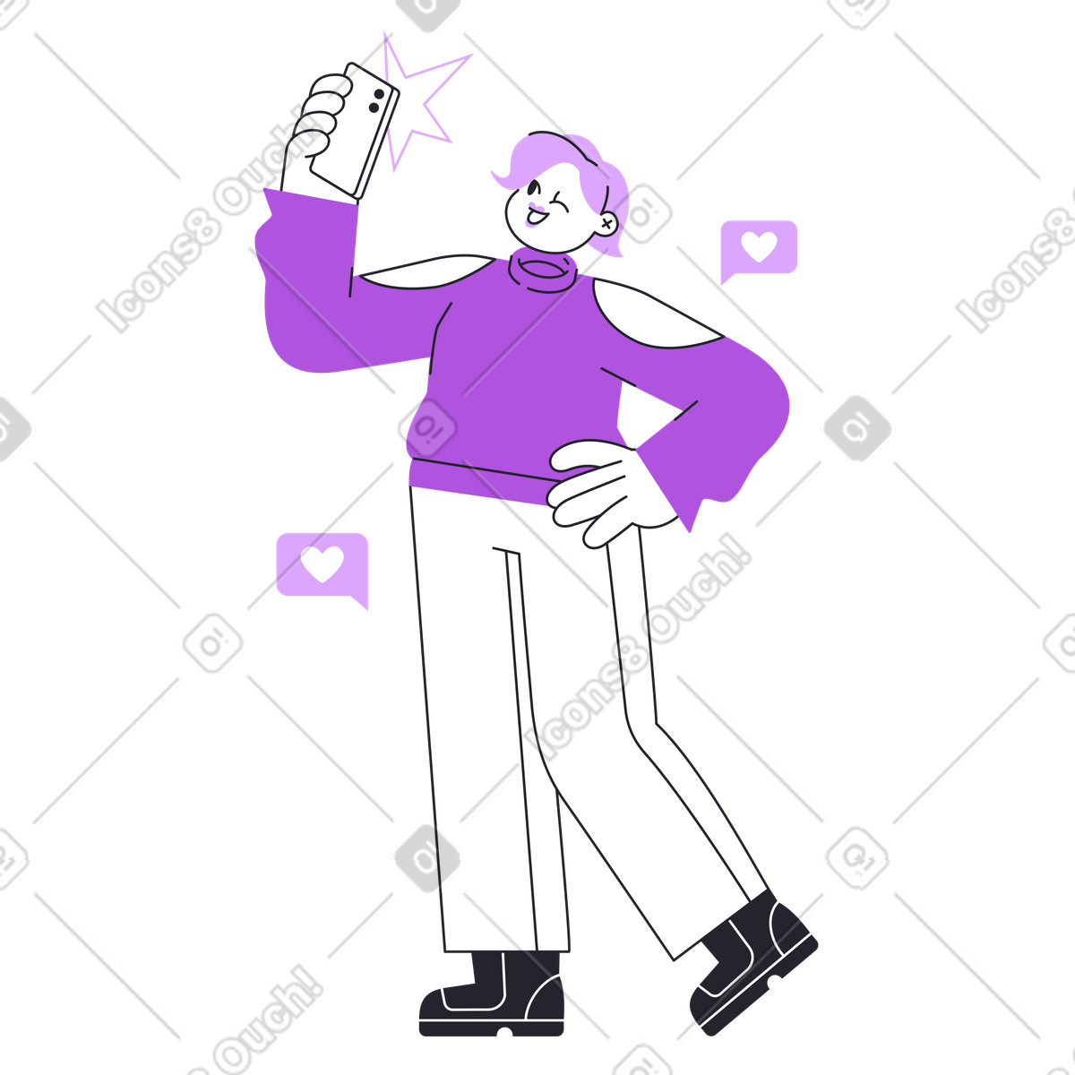 Ilustração de Happy smartphone user taking selfie, content creation for social networks em no estilo Grapy para baixar em PNG, SVG