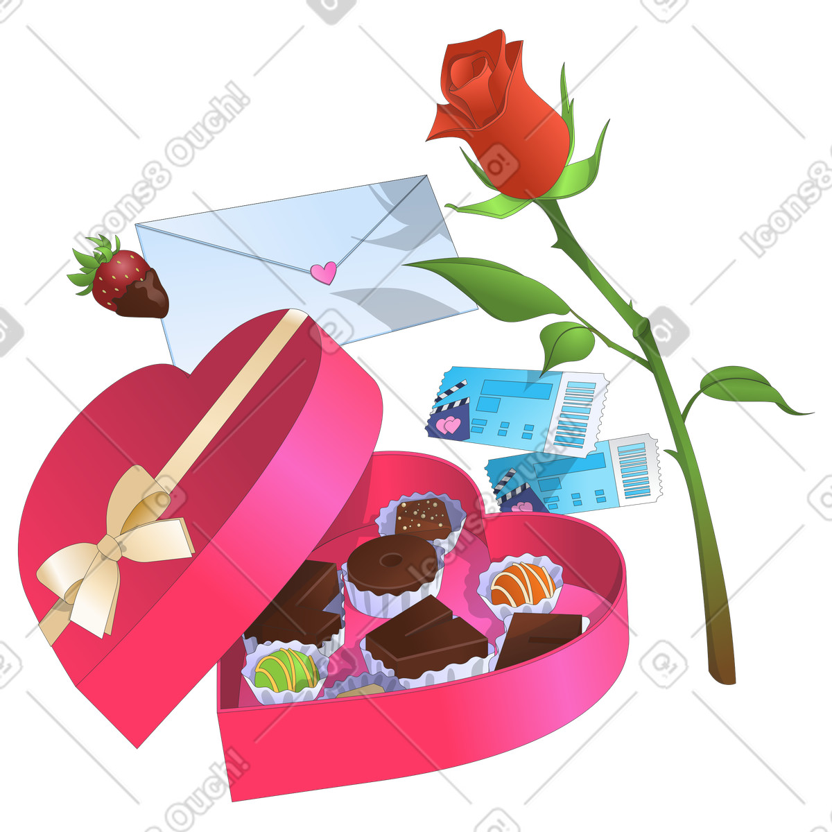 Geschenke zum valentinstag: schachtel pralinen, rose und liebesbrief-Illustration im Kit-Stil als Download in PNG, SVG