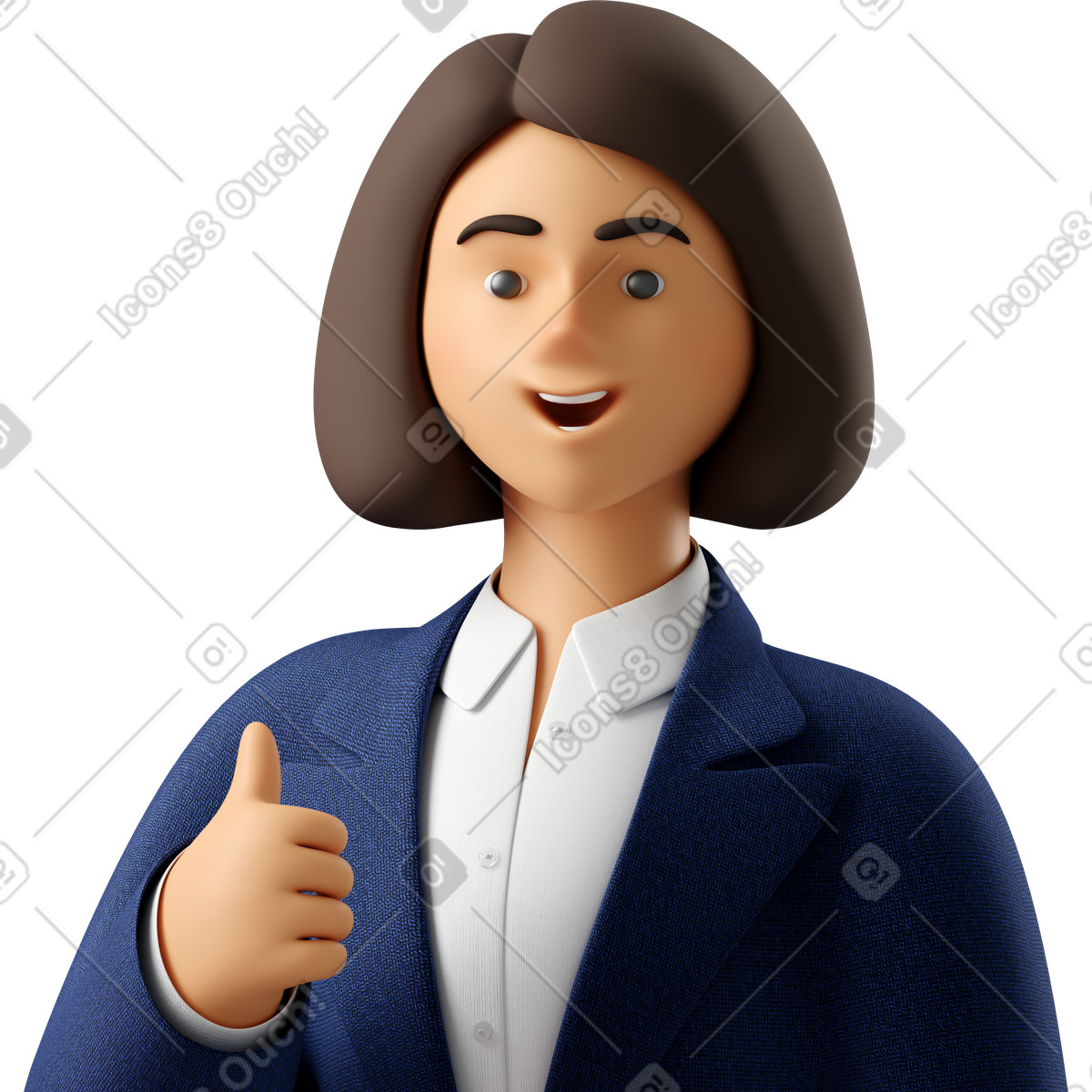 Illustration Close up of businesswoman in blue suit showing thumbs dans le style 3D Business à télécharger aux formats PNG, SVG