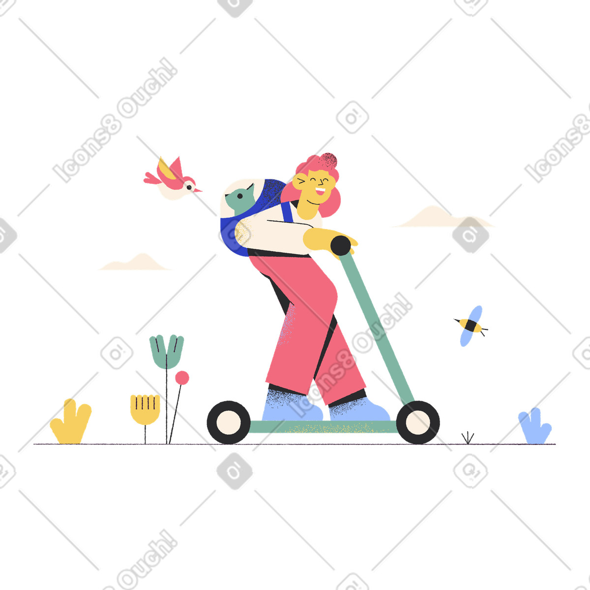 Ilustración Mujer montando scooter con gato en mochila estilo Pablo a descargar PNG y SVG