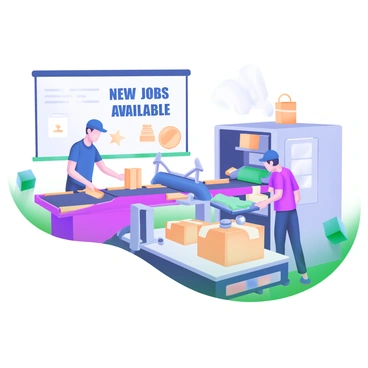 A factory assembly line with workers engaged in various tasks. On the left, a worker is placing parts onto a conveyor belt, while another worker on the right is carefully assembling components. In the background, a bulletin board displays the words "New Jobs Available" in bold letters. Additional elements include machines operating efficiently, and boxes being filled with finished products ready for shipment.