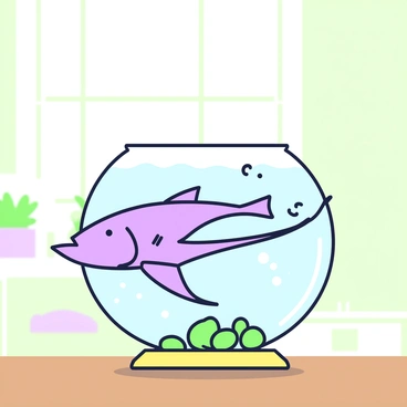 A swordfish is swimming actively in a small fishbowl filled with water. The fishbowl is transparent and rounded, made of glass, resting on a wooden table. Inside the fishbowl, the swordfish has a long bill and a sleek body. Small bubbles rise from the bottom of the bowl to the surface, where a few green pebbles are settled. The background shows a blurred view of a room with light streaming in through a nearby window.