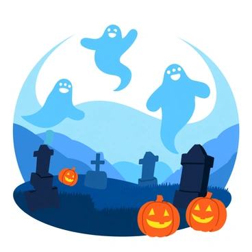 Silhouetted ghosts hovering above a misty graveyard, their forms slightly transparent and ethereal. The graveyard features weathered tombstones scattered across the landscape, partially obscured by soft, swirling mist. Nearby, glowing jack-o'-lanterns illuminate the scene with their orange light, each carved with different expressions ranging from cheerful to spooky. The atmosphere is enhanced by the contrast between the dark silhouettes of the ghosts and the warm glow of the pumpkins.