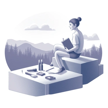 A person sitting on a large rock, gazing thoughtfully at a panoramic view of a natural landscape. In the background, there are rolling hills covered with trees and the sky is dotted with fluffy clouds. The individual is sketching on a notepad, with various makeup products laid out beside them. The products include lipsticks, eyeshadows, and brushes, all arranged neatly. The person is wearing casual clothing, and there is a sense of focus and creativity in their posture as they draw inspiration from the colors and shapes of the scenery around them.