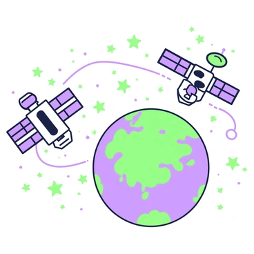 Two satellites are positioned in the vastness of space, orbiting above the curvature of Earth. The first satellite is sleek and angular, equipped with numerous solar panels extending outward, reflecting light from the sun. The second satellite has a more rounded design, adorned with various antennas and a prominent dish that is pointed toward the planet. Both satellites are surrounded by a field of tiny stars, with their paths visibly crossing as they move in opposite directions, symbolizing their competitive nature. In the background, the blue and green hues of Earth can be seen, with swirling clouds and landmasses visible at the curvature.