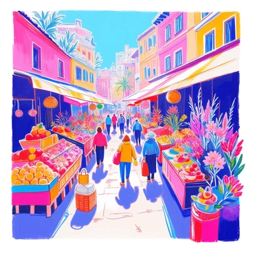 A bustling open market scene features numerous vibrant stalls. Each stall is filled with an array of colorful fruits, including bright oranges, red apples, and yellow bananas. Nearby, artisans display handmade crafts, such as woven baskets and pottery. A stall overflowing with fresh flowers showcases vivid blooms in various shades, including deep purples and vivid pinks. Shoppers bustle between the stalls, some carrying bags filled with their purchases. The atmosphere is lively, with a sense of community and vibrant colors throughout the scene.