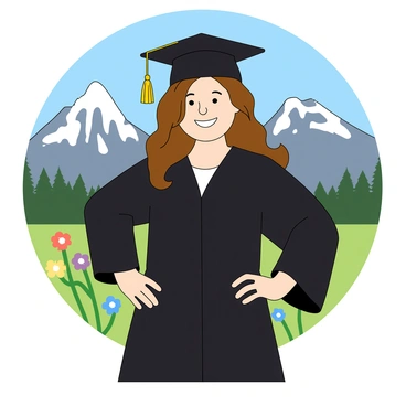 A young girl with light skin and long brown hair styled in loose waves is posing for graduation photos. She is wearing a black graduation cap and gown, standing confidently with her hands on her hips. The gown is adorned with a gold tassel hanging from the cap. Behind her, there is a stunning mountain backdrop with peaks covered in patches of snow and a clear blue sky. The sunlight illuminates her face, highlighting her bright smile and excitement for her graduation day. In the foreground, there are a few colorful flowers blooming, adding a cheerful touch to the scene.