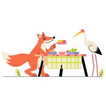 A sly fox with a reddish-brown coat and a bushy tail stands at a wooden table set outdoors. The fox has a mischievous grin on its face as it gestures towards a shallow dish filled with colorful food. A stork with a long neck and slender legs is nearby, looking curiously at the meal. The table is adorned with a checkered tablecloth, and there are additional shallow dishes with various foods displayed around. The setting includes a few trees and a gentle breeze rustling the leaves, creating an inviting outdoor dining atmosphere.