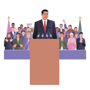 A digital flat illustration depicting "the President" standing confidently behind a wooden podium. The podium has several microphones in front of it, positioned for the speech. The President is wearing a tailored dark suit and a red tie, with short black hair and a determined expression. Behind the President, there is a large audience showing a diverse group of individuals, seated and attentively listening. Some audience members are clapping, while others are holding up small flags. The setting suggests a formal event, with flags and banners subtly visible in the background.