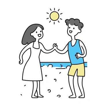Two friends are standing on the sandy beach, facing each other with wide smiles. One friend, a man with short curly hair, is wearing a blue tank top and beige shorts. The other friend, a woman with long straight hair, is dressed in a white sundress. They have their arms raised, ready for a cheerful hug. The sun is shining brightly above them, casting warm light across the scene. The ocean waves are visible in the background, gently lapping at the shore.