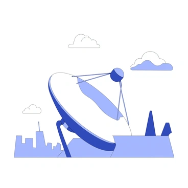 A satellite dish is positioned on a roof, angled upwards towards the sky. The dish is large and parabolic in shape, with a sleek metallic surface that reflects light. It has a sturdy base and a support structure holding it in place. The dish is in motion, rotating gracefully, as it actively captures signals from space. Surrounding the dish, there are a few clouds in the sky, adding depth to the scene. In the background, the silhouette of a city skyline can be seen, providing context for the location.