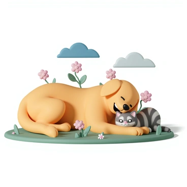 A big golden retriever dog, lying on its side with its eyes closed, and a fluffy gray tabby cat, curled up beside the dog, resting its head on the dog's belly. The dog has a shiny coat and a happy expression, while the cat's fur is well-groomed with prominent stripes. They are surrounded by vibrant green grass, blooming flowers in various colors, and a bright blue sky overhead with a few fluffy white clouds. The sunlight casts soft shadows, enhancing the peaceful atmosphere of the garden.