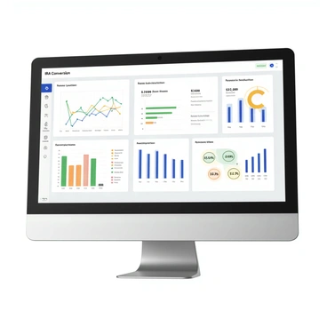 A computer monitor displaying a digital dashboard filled with various 'IRA Conversion' statistics and graphs. The dashboard features colorful line graphs showcasing trends over time, bar charts representing different categories of conversions, and numerical stats highlighting key performance indicators. The background of the screen is a clean white with a sleek, modern interface, and the elements are clearly labeled for easy visibility. There are interactive buttons and dropdown menus on the sidebar for navigation, providing an organized and user-friendly layout.