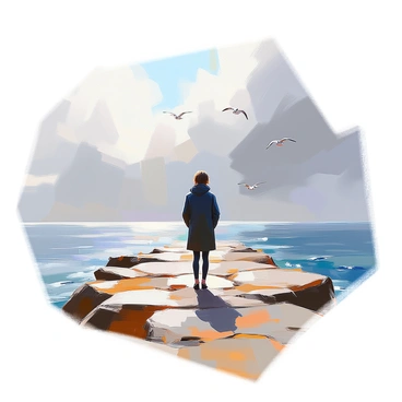 A lone figure standing on a rocky pier, gazing intently at the vast, endless sea. The person is dressed in a dark coat, with their hair slightly tousled by the sea breeze. The pier is comprised of rough, uneven stones, extending into the deep blue water. Gentle waves lap against the rocks, creating a soft, rhythmic sound. The sky is filled with gray clouds, hinting at an impending storm, while distant seagulls can be seen soaring above the water. The atmosphere is quiet, with a sense of solitude enveloping the figure.