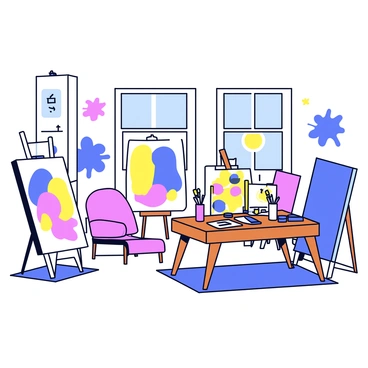 A bright creative studio with large canvases leaning against the walls. The room is filled with various art supplies, including paintbrushes, tubes of paint, and sketchbooks scattered across a wooden work table. Natural light floods in through large windows, casting soft shadows on the floor. There are splashes of color on the walls from previous artworks, creating an inspiring and vibrant atmosphere. A comfortable chair sits in one corner, inviting creativity and exploration.