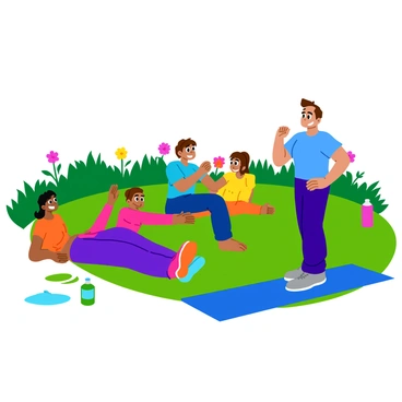 A family of four is participating in a group exercise session in their backyard. The parents are demonstrating "clamshell exercises," lying on their sides with their knees bent and feet together. The children are imitating the parents, each wearing colorful workout attire. In the background, there are green grass and blooming flowers adding to the lively atmosphere. Bright sunlight casts cheerful shadows, enhancing the sense of activity. Nearby, a yoga mat is spread out, and a water bottle is placed on the grass. The scene captures a moment of fun and togetherness in their exercise routine.