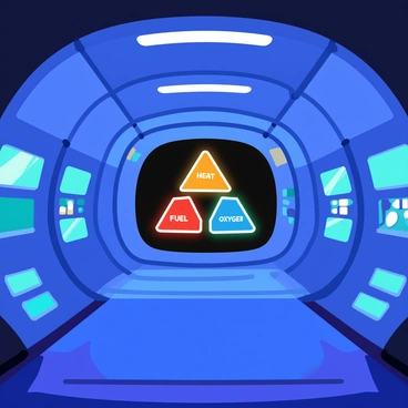 The interior of a futuristic spacecraft features sleek, metallic walls with a smooth, reflective surface. A digital display occupies the center of the room, showcasing the "fire triangle," consisting of three bright, colored elements: "heat," "fuel," and "oxygen." Each element is represented with vivid icons and labeled in bold text. Surrounding the display are modern control panels with glowing buttons and screens, casting a soft blue light throughout the interior. The floor is designed with a geometric pattern, and soft, ambient lighting enhances the high-tech atmosphere.