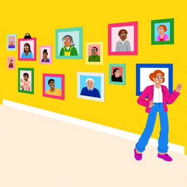 A wall showcasing a series of framed portraits of past winners of the "American Illustration Awards." Each portrait is distinct, featuring various artists in vibrant colors and lively expressions. Surrounding the portraits are examples of their artwork, displayed in colorful frames that complement the illustrations. The wall has a bright background, enhancing the contrast between the frames and the featured pieces. The scene is filled with a sense of celebration and recognition for artistic achievement.