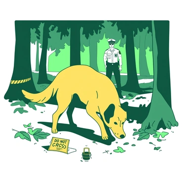 A yellow police dog with a focused expression is sniffing the ground intently in a wooded area. The dog's ears are perked up, and its tail is wagging slightly as it searches for clues amidst fallen leaves and twigs. Surrounding the dog, tall green trees create a natural canopy, filtering the sunlight that casts dappled shadows on the forest floor. Nearby, there are scattered props indicating a crime scene, such as a yellow "Do Not Cross" tape and a small evidence marker. In the background, a faint outline of a police officer can be seen observing the dog’s actions.
