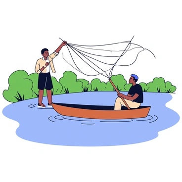 Two fishermen in a simple wooden boat are casting their nets into the Nile River. The boat is small and has a smooth, polished surface. One fisherman, wearing a light-colored shirt and dark shorts, is standing at the back, skillfully throwing out a net that spreads wide above the water. The other fisherman, dressed in a dark t-shirt and khaki pants, is sitting at the front, looking focused as he prepares another net. The surface of the river reflects the light of the sun, with gentle ripples around the boat. Lush greenery lines the riverbank in the background, creating a natural setting for the scene.