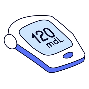 A close-up of a glucose monitor with a rectangular screen. The screen displays a clear reading of "120 mg/dL" in bold black text. The device has a sleek design with rounded edges, and there are small buttons on the side for navigation. The monitor is set against a light-colored surface, highlighting the device’s features.