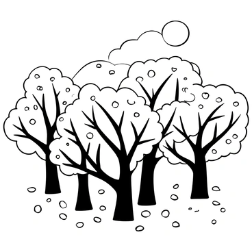 A cluster of cherry blossom trees with delicate petals in full bloom, their branches reaching outward. The ground is covered with fallen petals, creating a soft carpet. In the background, there are more cherry trees, creating a depth to the scene. A bright sun is positioned high in the sky, casting a gentle glow on the blossoms. The atmosphere is filled with the overlapping shapes of the trees, creating a harmonious composition.