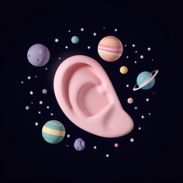A whimsical ear floating in space with stars and planets surrounding it.