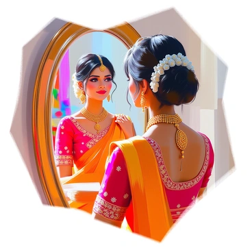 An Indian bride with dark hair styled in an intricate updo is standing in front of a large ornate mirror. She is wearing a vibrant red and gold lehenga adorned with intricate embroidery. Her skin has a warm glow, complementing the luxurious gold jewelry she is trying on. The bride has a heavy gold necklace that cascades elegantly around her neck and matching earrings that dangle beautifully. She looks intently at her reflection, admiring the way the necklace catches the light. In the background, there are hints of traditional decor, including colorful textiles and decorative elements.