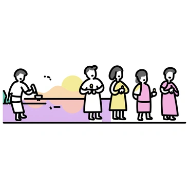 A group of pilgrims standing on the banks of the River Ganges at sunrise. The scene includes five individuals, each wearing traditional attire, such as white dhotis and colorful sarees. They are engaged in various rituals, including one person pouring water into the river, another holding a small fire lamp in their hands, and a third offering flowers. The water reflects the soft orange and purple hues of the early morning sky. In the background, subtle shapes of distant hills can be seen, while a few trees line the riverbank.