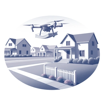 A small drone equipped with propellers hovers above a front yard in a suburban neighborhood. The drone is carrying a stack of newspapers securely attached to its underside. Below, a well-manicured lawn is framed by flowerbeds and a picket fence. The scene includes several houses with varying architecture in the background, each featuring a well-maintained exterior and front porches. The drone is positioned above a doorstep where a newspaper is about to be carefully delivered. A clear sky is visible in the background, indicating a bright day.